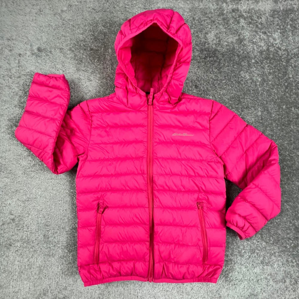 Eddie Bauer Kids Pink Down Puffer Jacket Hooded Full Zip ERU13QU800A Size S 7/8